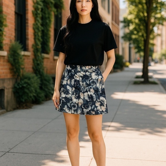 High Fifth Dresses & Skirts - Navy Floral Skirt with Black Tee